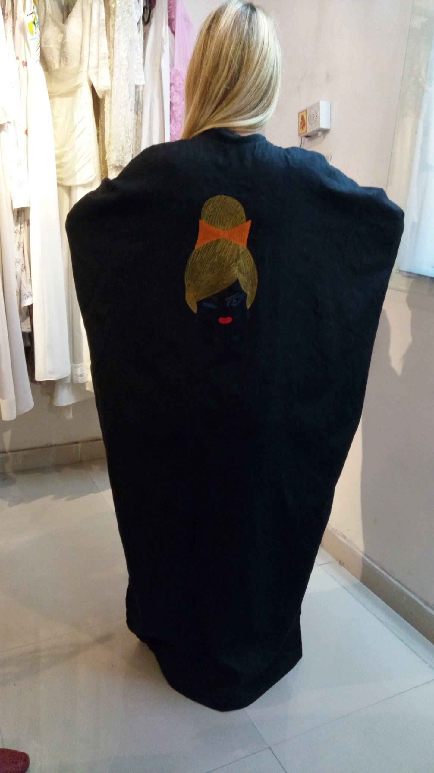 Laila Abaya with Blue Eyes, Golden Hair & Orange Bow Detail - Image 4