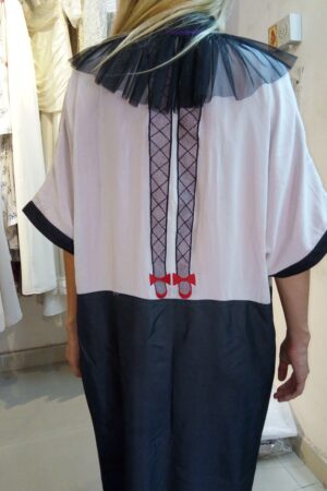 Silk Crepe Abaya with Playful Leg Embroidery and Sheer Ruffled Collar
